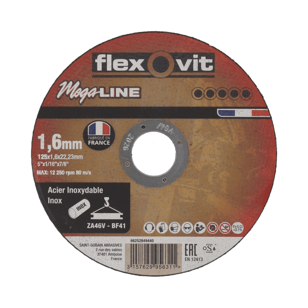 Steel & stainless steel flat ultra thin cutting disc 125x1.6x22.23mm Flexovit MEGA-LINE