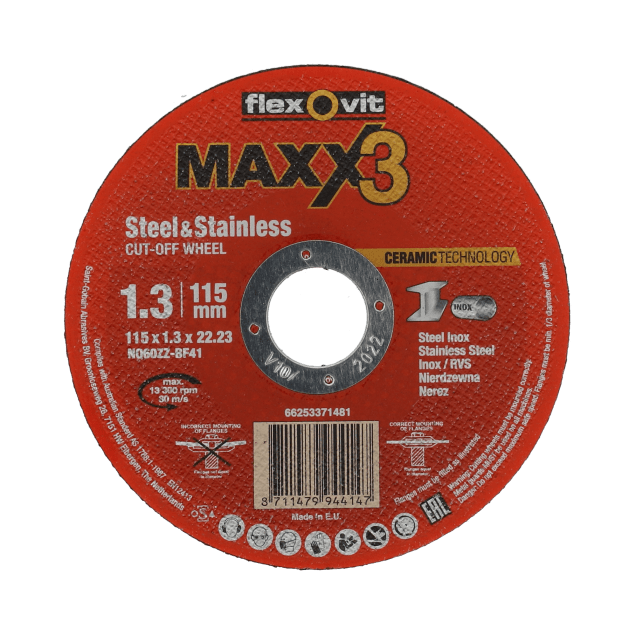 66253371481 Flat cutting off wheel Angle Grinder Flexovit MAXX 3-METAL INOX-115x1.3x22.23